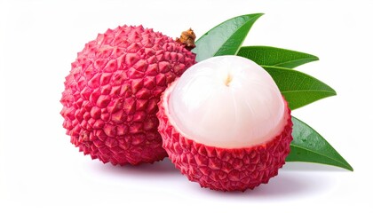 Fresh Lychee Fruit on White Background with Green Leaves