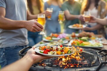 Group of friends holding drinks and plates with grilled skewers at a barbecue party in a garden, realistic style, outdoor background, concept of summer joy. Ai generative