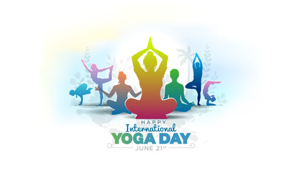 Happy International yoga day concept. Yoga invitation banner, card design. Human silhouette illustration of yoga and exercise pose.