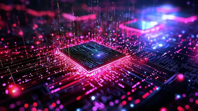 Advanced microchip technology.  Data flow and processing within a complex circuit board.  Futuristic and vibrant visualization of digital technology components - Powered by Adobe