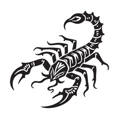 Scorpion tattoo vector illustration on white background showing black poisonous arachnid with stinger and claws
