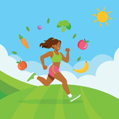 Portrait of a girl with dark skin color running, flat style, healthy eating and lifestyle idea