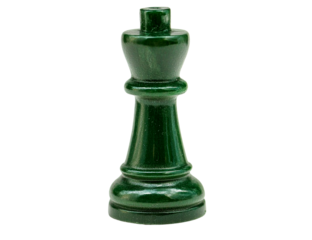 Green chess king piece isolated on transparent background, studio shot, vertical image