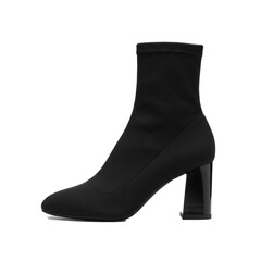 Sleek black sock boot of stretchy knit fabric with a structured block heel, meticulously poised on a pristine transparent background under soft studio lighting for a clean 3/4 front view, concept of