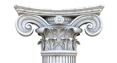 Obraz premium Close-up of an ornate white marble column capital with acanthus leaf carvings and volutes, transparent background