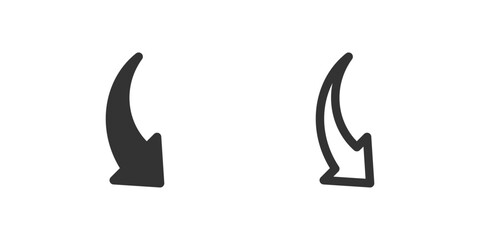 Curved down right arrow icon set. Suitable for data flow, next steps, and descending trends. Symbol of data flow, next, and diagonal direction.