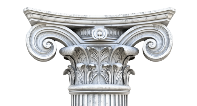 Close-up of an ornate white marble column capital with acanthus leaf carvings and volutes, transparent background