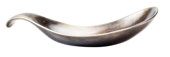 Elegant bronze-toned curved bowl, isolated on transparent background, modern design, home decor, stylish serving dish, unique shape, studio shot, smooth surface, metallic