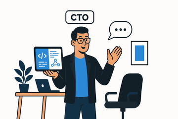 Chief Technology Officer having casual discussion holding tablet displaying code and network flows in modern workspace