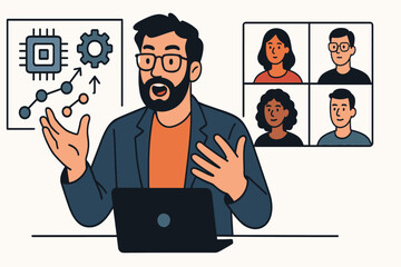 Chief Technology Officer explaining complex tech concept passionately during video conference call with participants