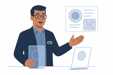 Chief Technology Officer demonstrating futuristic transparent device and holographic interface in tech innovation showcase