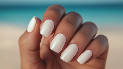 beautiful nail natural Elegant white nails showcased against a serene beach background.