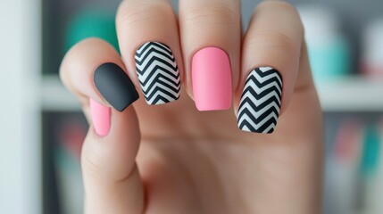 beautiful nail natural Colorful manicure with geometric patterns and vibrant shades on nails.