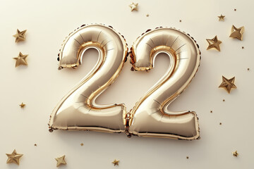 Gold number 22 balloons with star decorations for celebrations and anniversaries