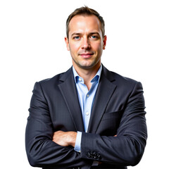 Confident businessman in formal suit posing with arms crossed, professional portrait against white background