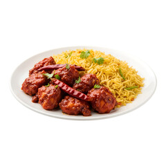 Chilli Chicken with Pulao on White Plate isolated on a transparent background 