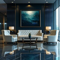 Fototapeta premium Luxurious Interior: Elegant Ivory Seating Arrangement with Ocean Painting, Reflective Marble Floor, Sophisticated Lighting, and Modern Architectural Design.