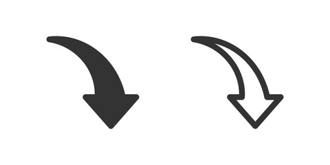 Curved down arrow icon set. Suitable for user interfaces, undo actions, and circular flows. Symbol of undo, return, and circular path.