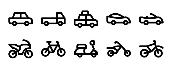 A versatile set of icons for personal and light ground transportation. Ideal for apps, maps, automotive, and lifestyle projects covering cars, motorcycles, and bikes.