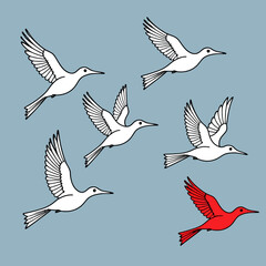 Obraz premium Birds in Flight-A Single Red Bird Stands Out-Individuality and Uniqueness Concept-Stylish Bird Illustration on Blue Background-Modern and Symbolic Design-Perfect for Artsy Projects