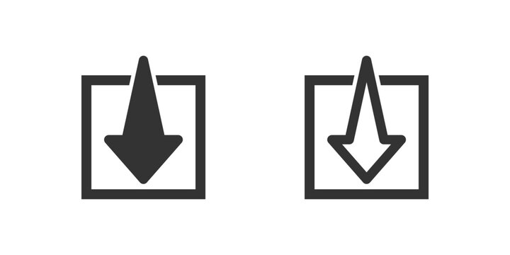 Straight down in square arrow icon set. Suitable for download buttons, save actions, and expanding elements. Symbol of download, save, and selection.