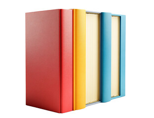 Three colorful hardcover books standing upright, isolated on transparent background, red, yellow, and blue spines, education concept