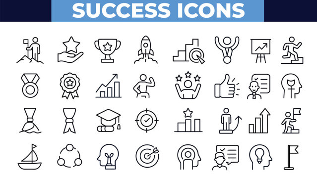 Success Icons Vector Set | Achievement, Business Growth, Motivation, Trophy, Winner, Leadership, Career Progress, Goal Setting, Award, Victory Icons, Line Style
