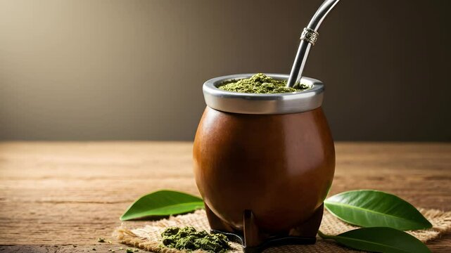 Still life of yerba mate in gourd with bombilla and leaves 4k video
