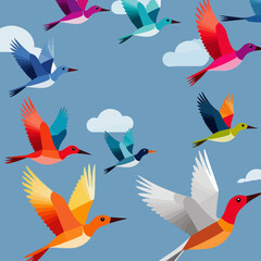 Colorful Birds Flying in Blue Sky Illustration-Whimsical Bird Art-Nature Inspired Design-Birdwatching Theme-Vibrant Avian Artwork-Sky Background with Birds