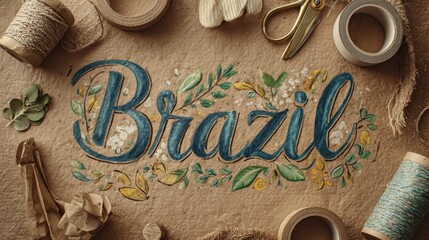 Elegant “Brazil” lettering on brown paper with floral and leaf motifs surrounded by craft materials, representing handmade celebration art for Independence Day