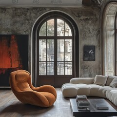 Rustic Loft Living: An Orange Chair and a Cozy Sofa in Front of an Arched Window with City View & Distressed Walls