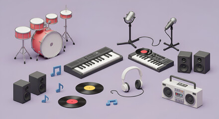 Low-poly 3D Render of Music Instruments and Equipment Studio Setup