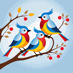 Naklejka premium Colorful Birds on a Branch Illustration- Whimsical Bird Art Print- Cheerful Bird Design for Kids- Cute Birds and Berries- Perfect for Nursery Decor- Cartoon Birds Image