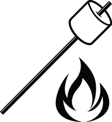 Marshmallow on stick, camping treat icon, grilled dessert vector, campfire snack symbol, minimal food design