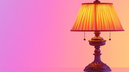 table lamp with warm incandescent glow, pleated fabric shade and ornate base, soft gradient background fading to white with ample blank margins retro reading lamp warm light pleated shade vintage 