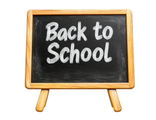 Handwritten Back to School message on small wooden chalkboard with transparent background