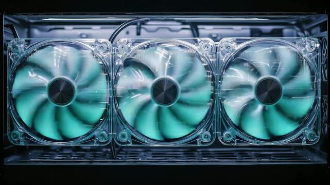 Three large computer cooling fans are arranged side by side, illuminated with a blue light inside a PC case.