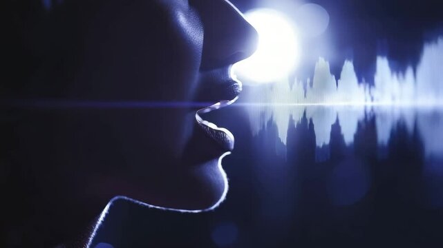 A close-up of a person speaking, with digital sound wave graphics visualizing their voice against a blue-lit background.