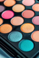 eyeshadow palette Colorful eyeshadow palette showcasing a variety of shades in a close-up view.