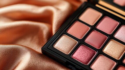 eyeshadow palette Cosmetic palette on silk fabric, featuring shades of pink and gold.