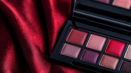 eyeshadow palette Cosmetic palette with shimmering shades placed on luxurious red fabric.