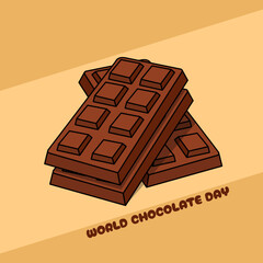 World Chocolate Day to celebrate on July 7th. Stack of delicious chocolate bars on beige background. Food event banner.