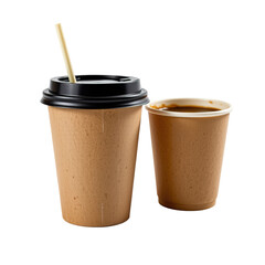 Brown Paper Coffee Cups with Lids and Straws Set Against White Background for Coffee Bean Promotion