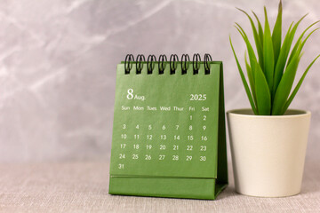 Hello August, August 2025 desk calendar for planning.