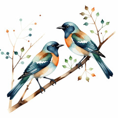 Obraz premium Watercolor Bird Art- Blue & Orange Birds on Branch- Delicate Botanical Illustration- Nature Inspired Artwork- Bird Watching Theme- Art Print for Home Decor