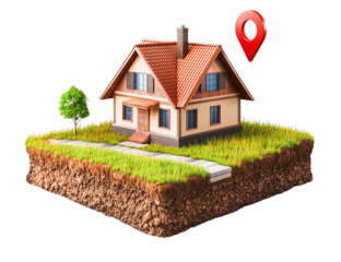 3D rendering of a house on a grassy plot with a red location pin, transparent background