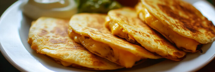 Warm quesadillas filled with melted cheese are served on a plate alongside creamy sauce and vibrant green salsa. Enjoy the authentic flavors of Mexico in this delicious dish, banner
