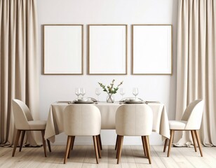 Fototapeta premium Elegant dining room with three blank frames beige chairs and a linen tablecloth