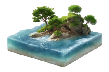 Miniature island scene with rocks trees and ocean waves in a cube