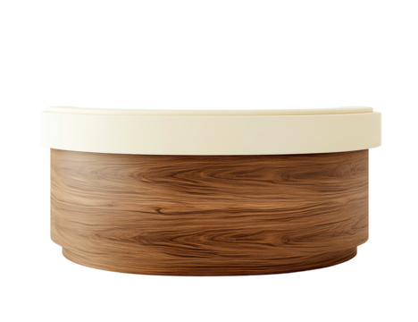 Modern curved wooden reception desk with cream top, isolated, transparent background, studio shot